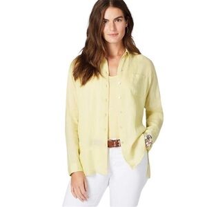 J. Jill Love Linen Long Sleeve Button Up Collared Shirt in Light Citron